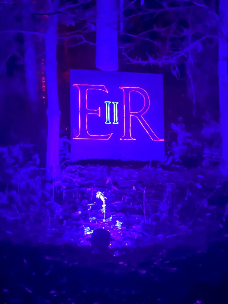 light display that says E II R for Queen Elizabeth II at Luminate Sandringham