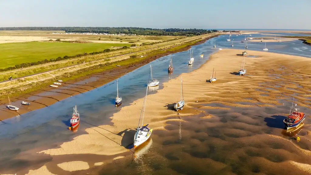 aerial photo of wells next the sea harbour with boats