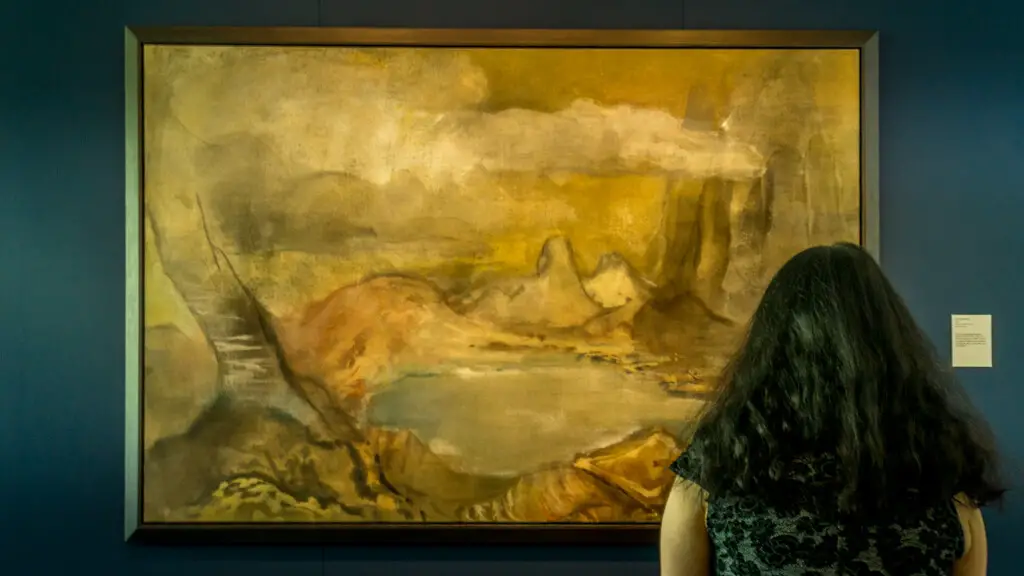 Anisa looking at one of Leiko Ikemura's paintings at the Sainsbury Centre special exhibit