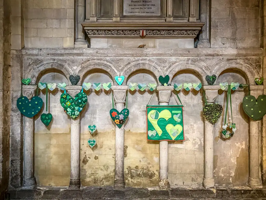 display of green hearts at norwich cathedral