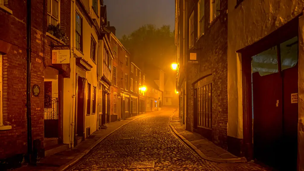 elm hill in norwich at night with a bit of a eerie mist