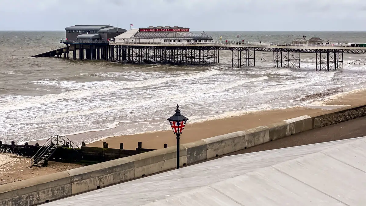 view of the famous Cromer pier in Norfolk from the cliffs in Cromer