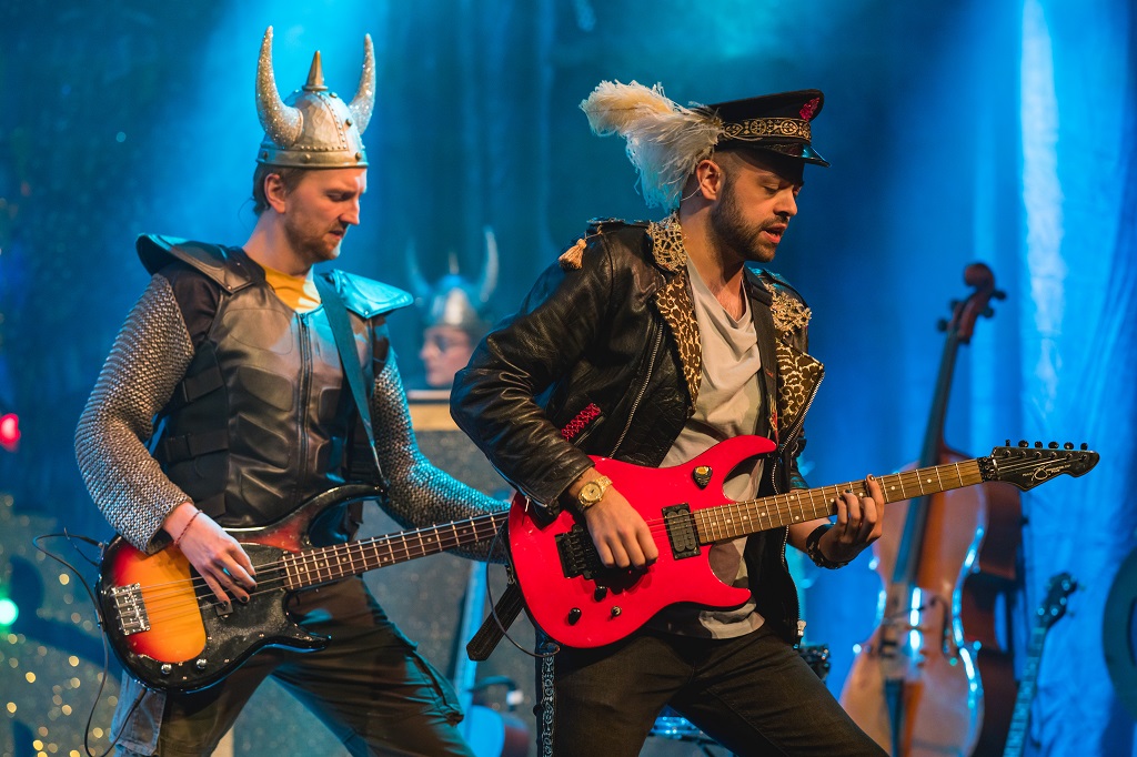 robin and barry play electric guitars in Robin Good the panto at Norwich Playhouse