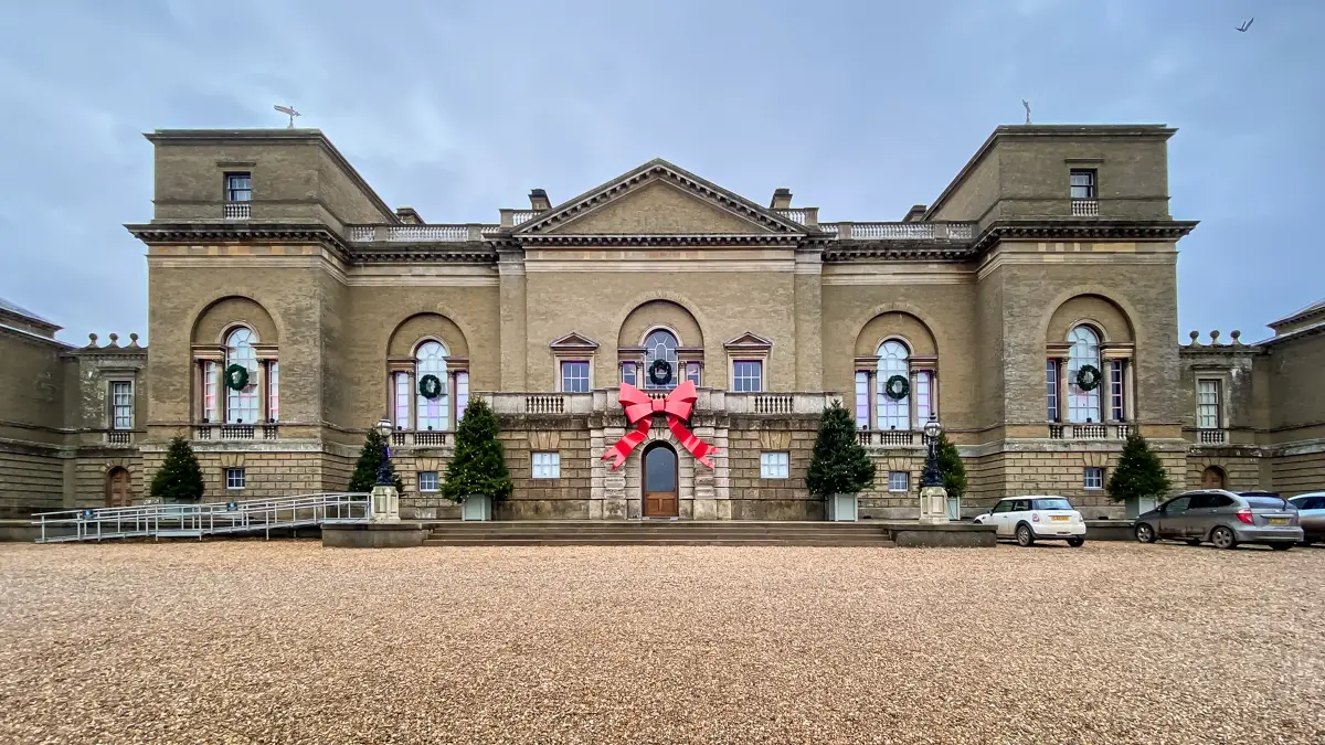 exterior shot of holkham hall decorated for christmas