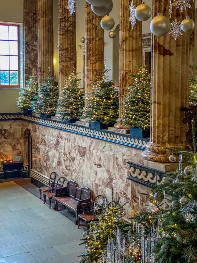 christmas trees between the columns in the marble hall at holkham hall