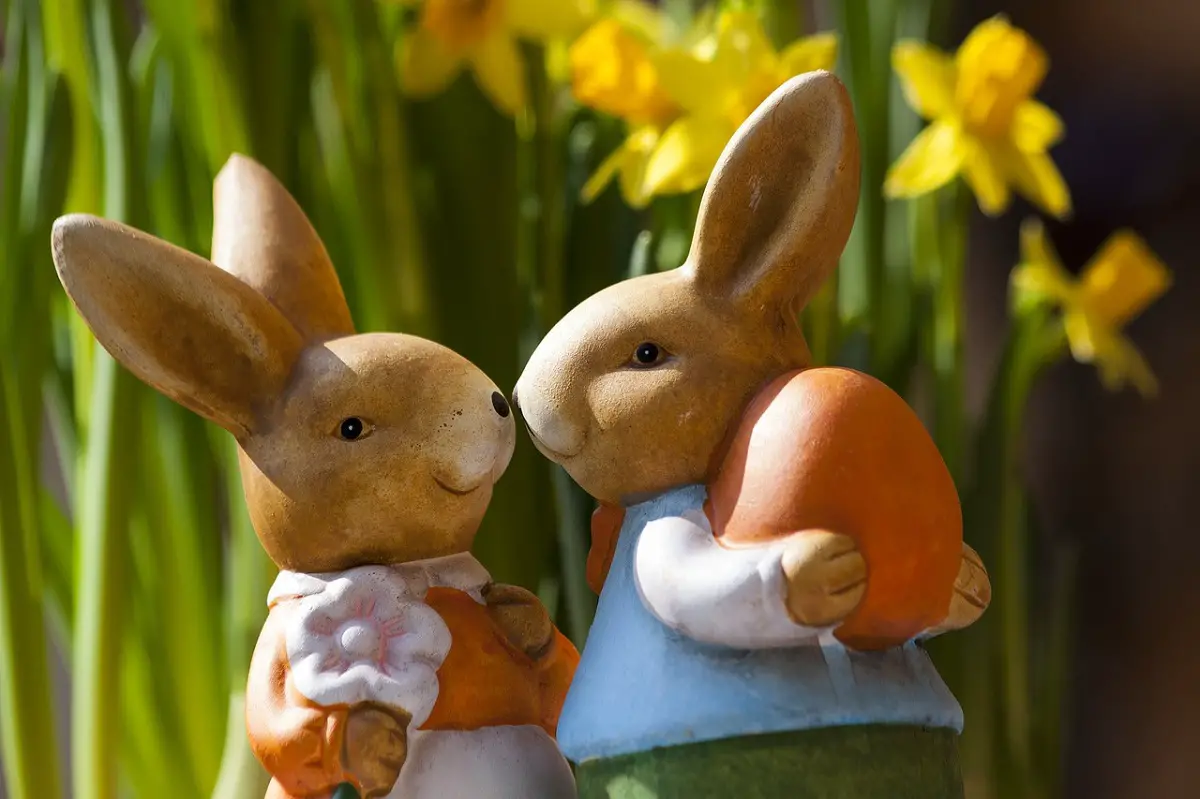 two easter bunnies with yellow flowers in the background