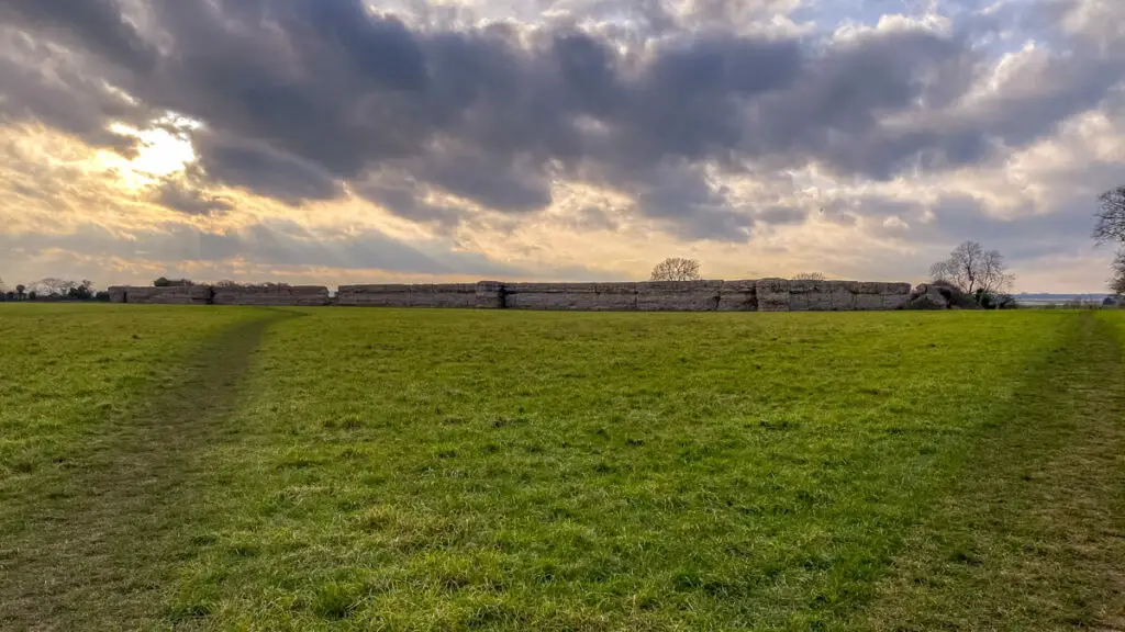 glimpse of burgh castle in the distance across the field