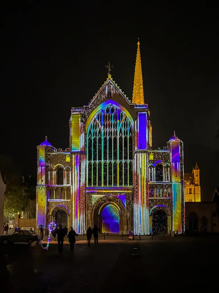 norwich cathedral with colourful projections as a part of Love Light norwich