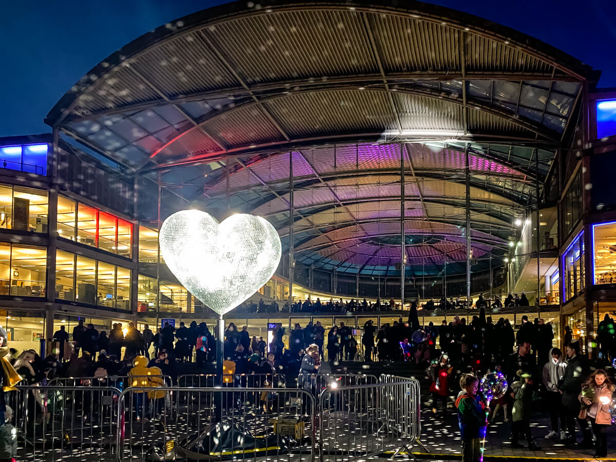 heart shaped disco ball in front of the Forum as part of Love Light Norwich 2022
