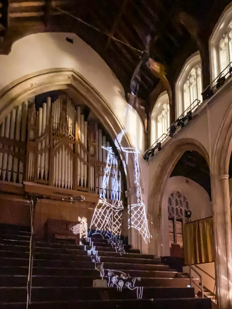 the art installation mobile-light graffiti inside st andrews hall in norwich