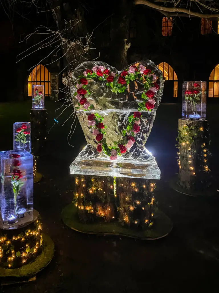 ice sculptures with flowers inside 