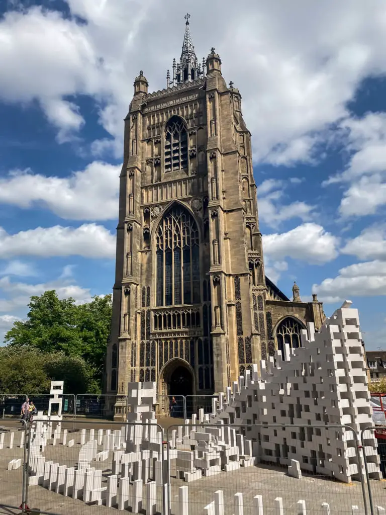 dominoes from the 2022 Norwich and Norfolk festival in front of St Peter Mancroft