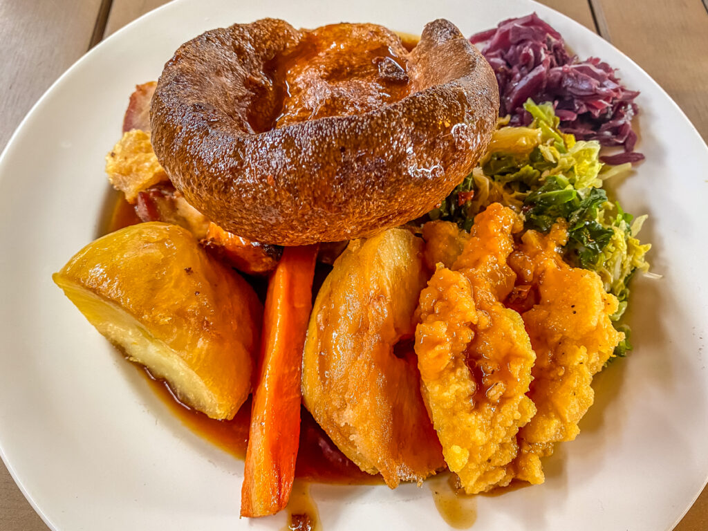 a full plate of food for the sunday roast at the unthank arms
