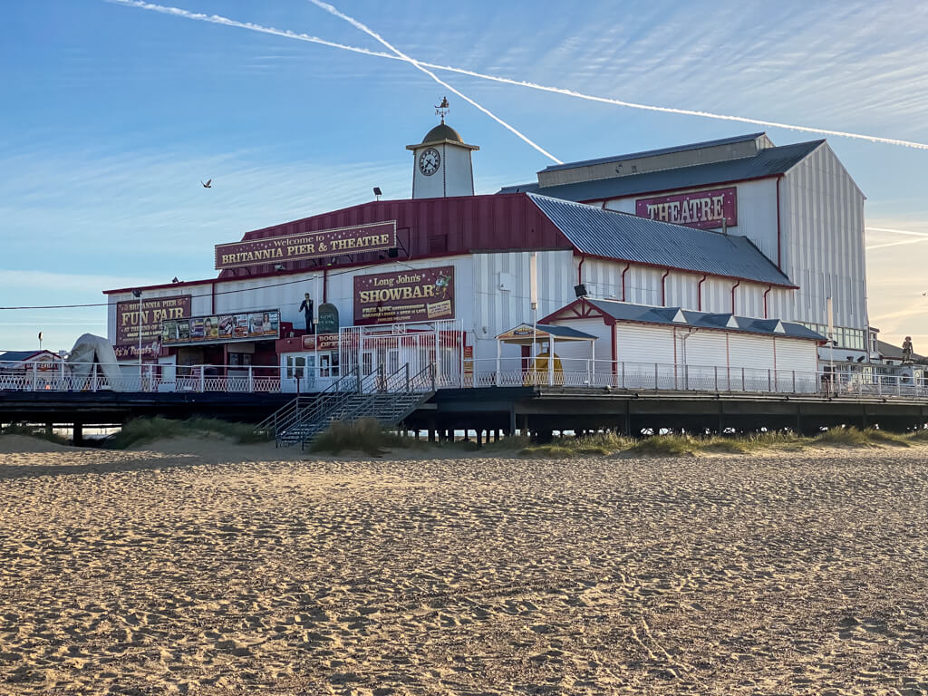 view of the Britannia Pier Theatre in Great Yarmouth from the beach