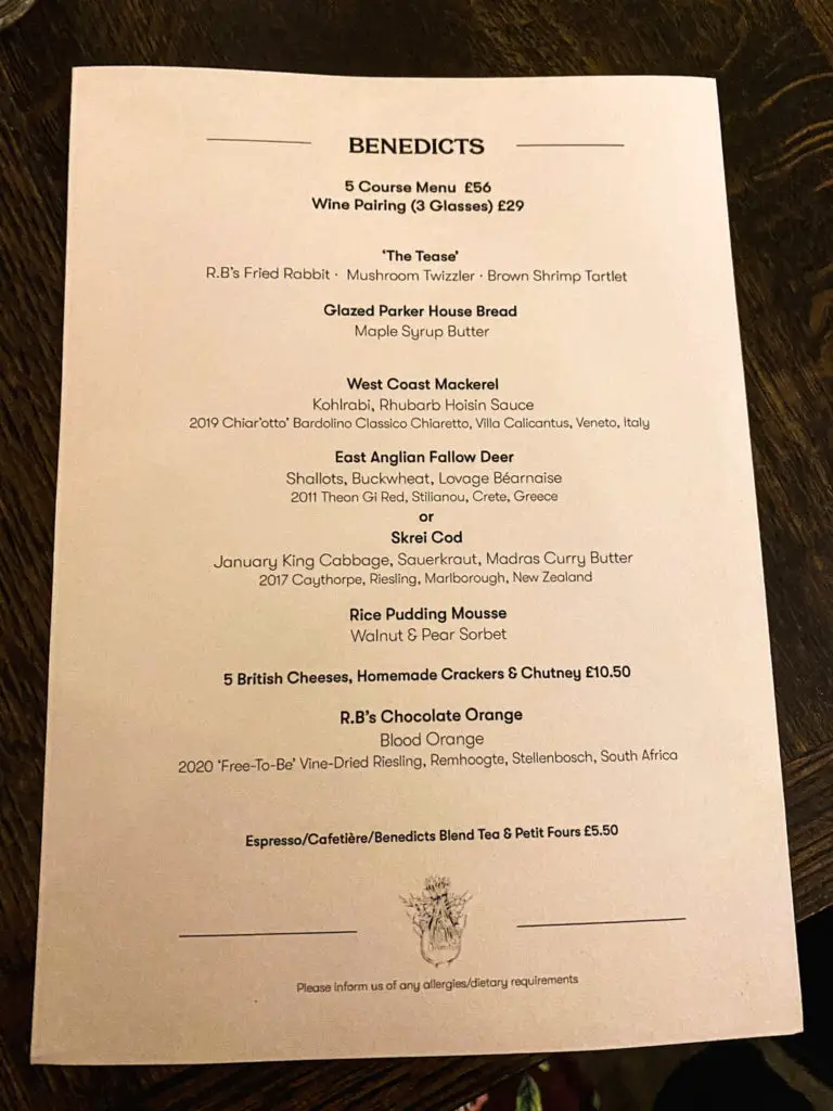 benedicts menu from February 2022