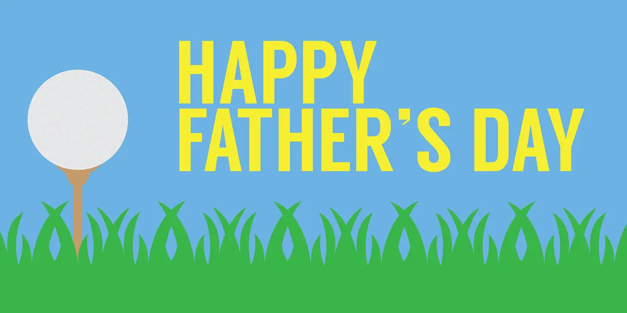 drawing of golf tee and grass with the words happy father's day in yellow