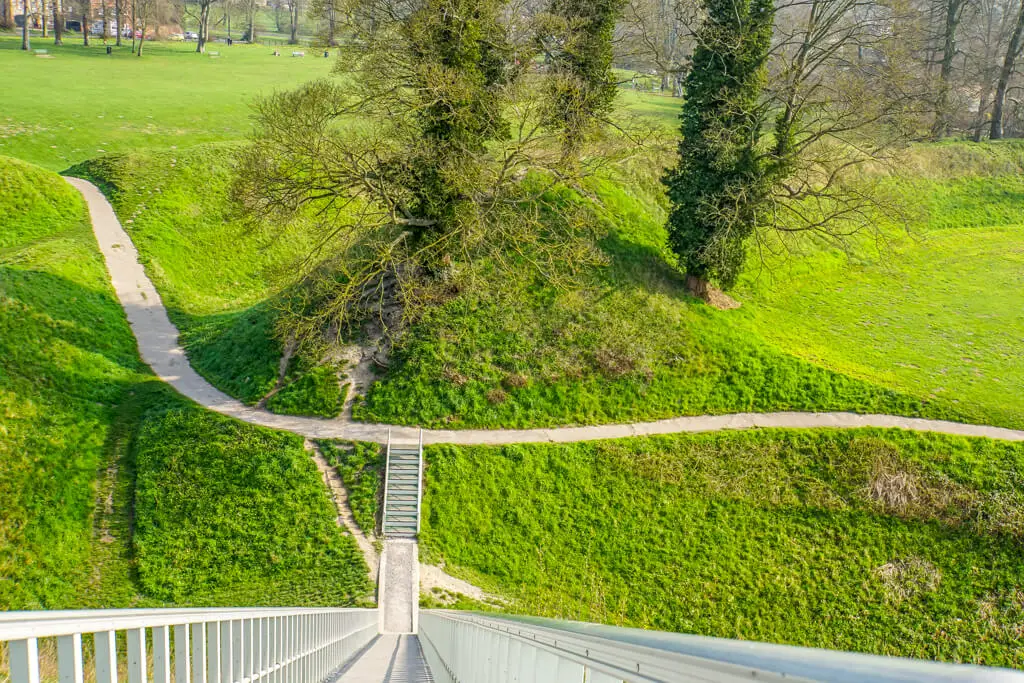 view looking down the stairs from the top of Thetford Castle (it is steep and quite high)