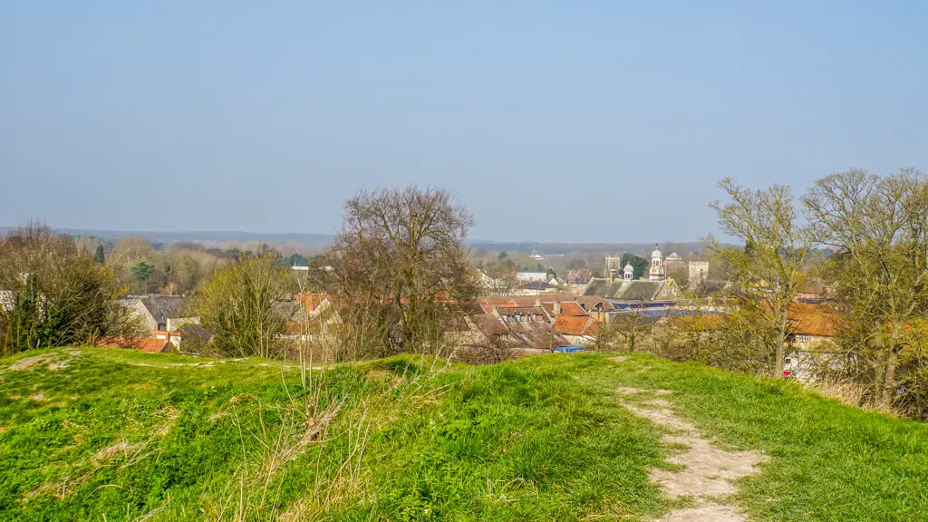 views of the town of Thetford from the top of Thetford Castle