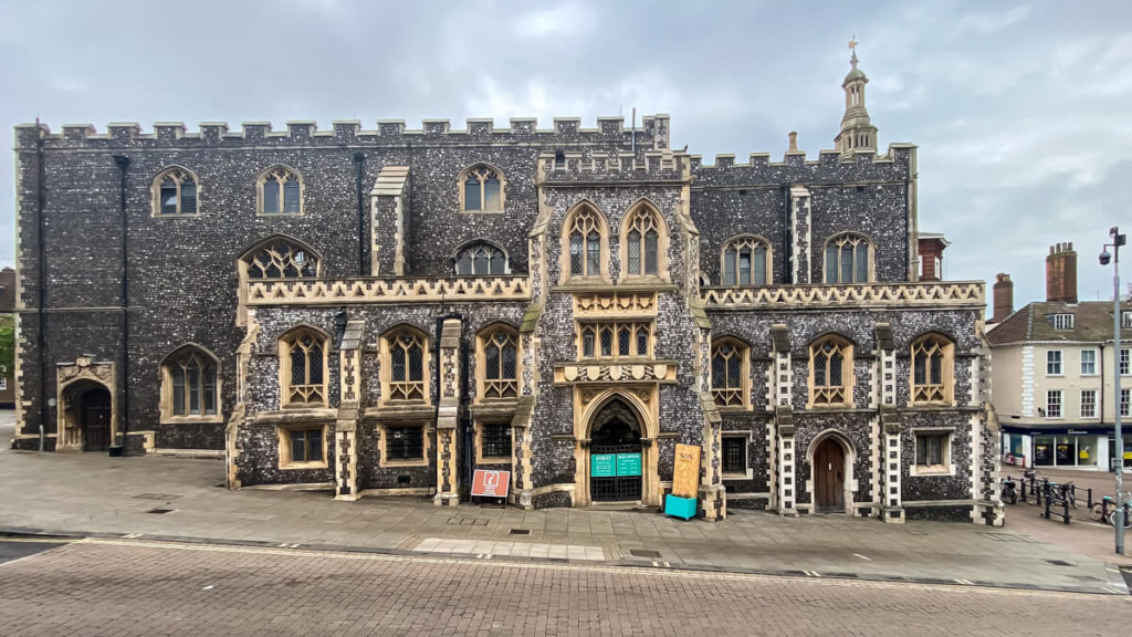 exterior of the guildhall with impressive flint work
