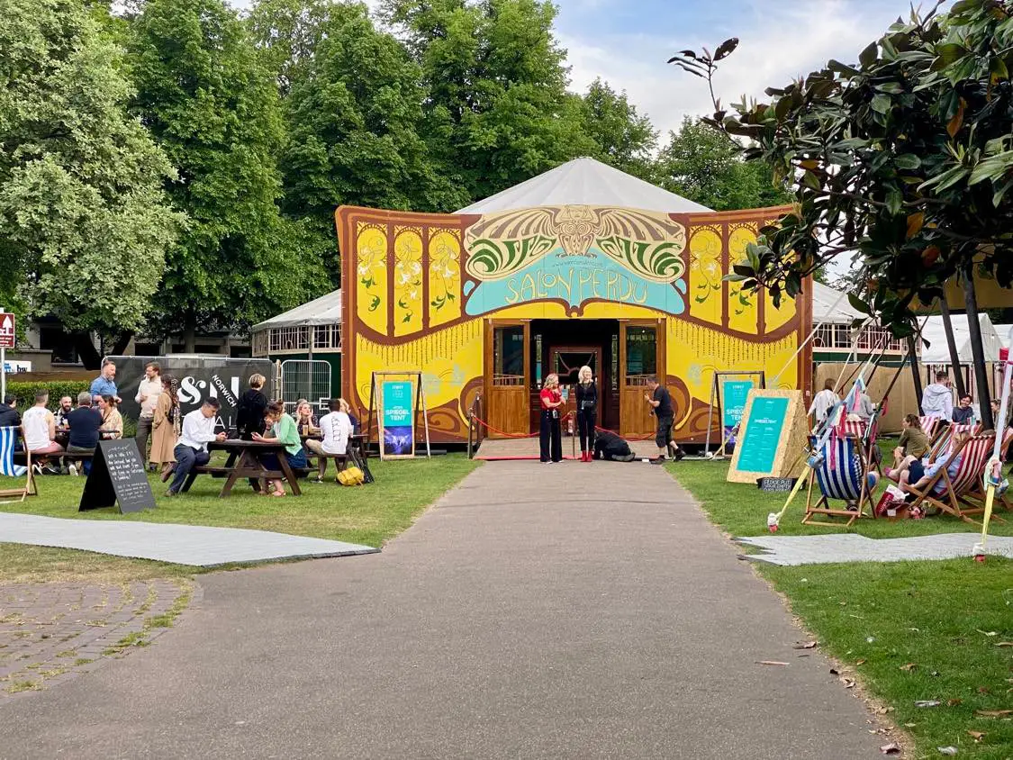 exterior of the spiegeltent where you can see Barbu at the Norfolk and Norwich festival