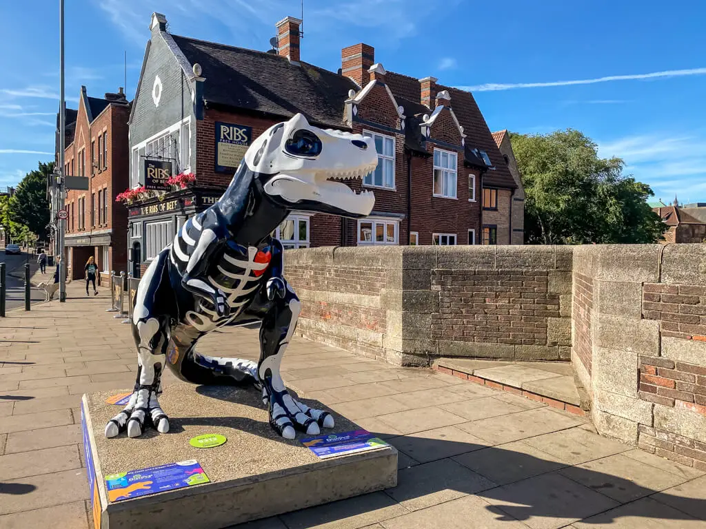 t-rex where you can see its skeleton on the bridge