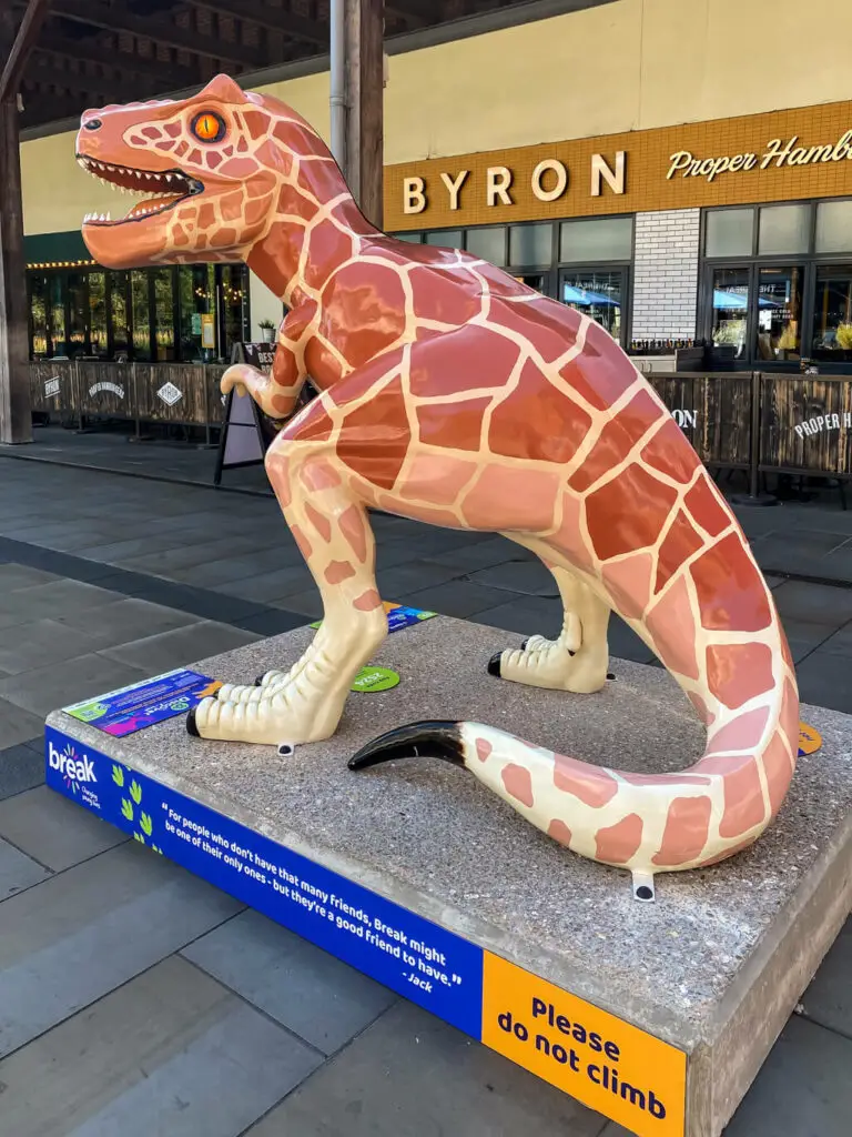 t-rex with giraffe pattern in front of byron burgers by chantry place in norwich