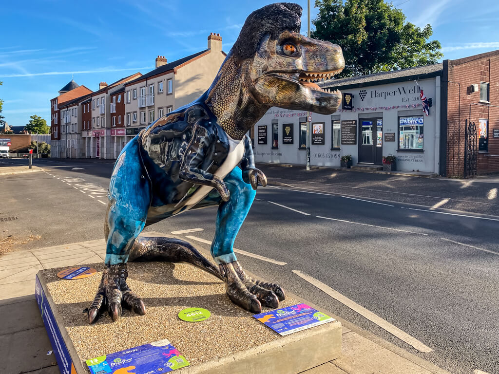 t-rex with 50s style hairdo on Ber Street in Norwich