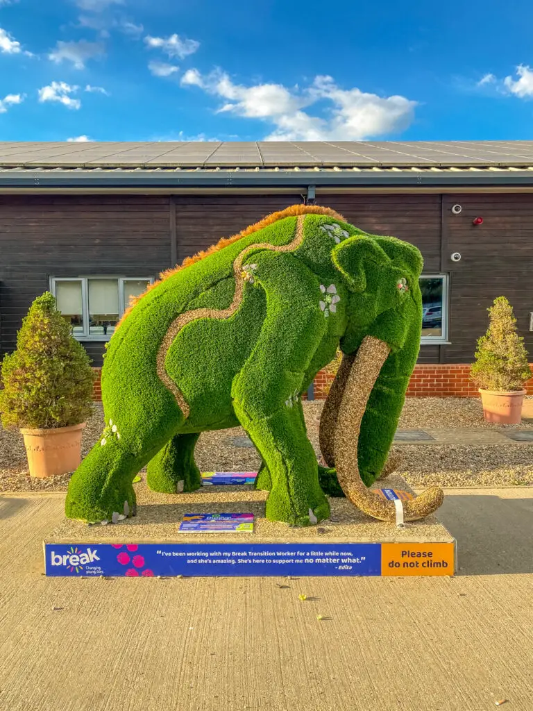 Mammoth covered with artificial grass and a thin curved line of stones on it.  The tusks are alsso covered in stones.