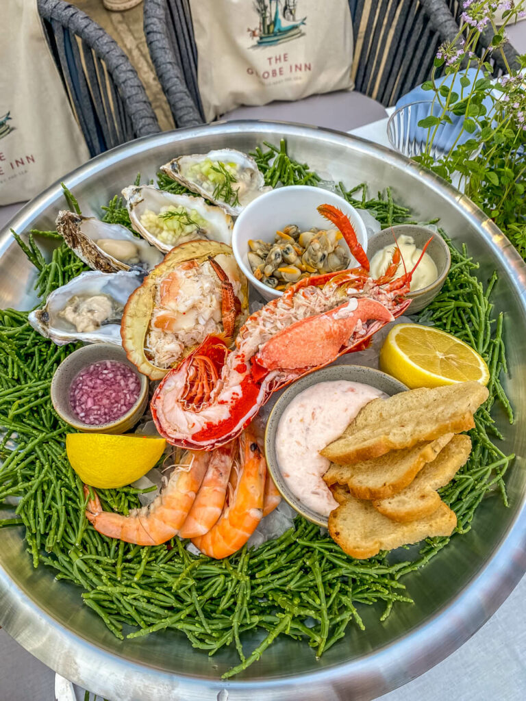 looking down on the coastal platter full of fresh seafood at the Globe in Wells Norfolk