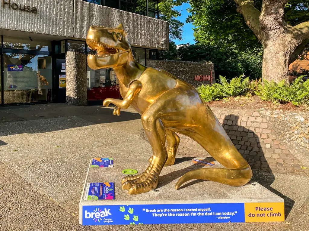 golden t-rex from the norwich gogodiscover trail