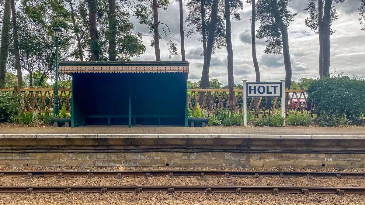 sign that says Holt at the North Norfolk Railway Station in Holt
