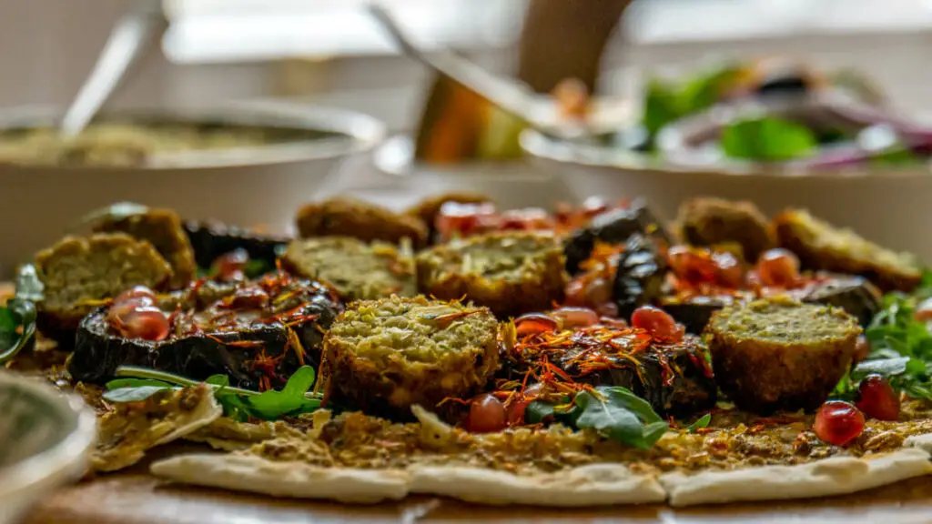 close up of Lebanese meze, you can see falafel and salad