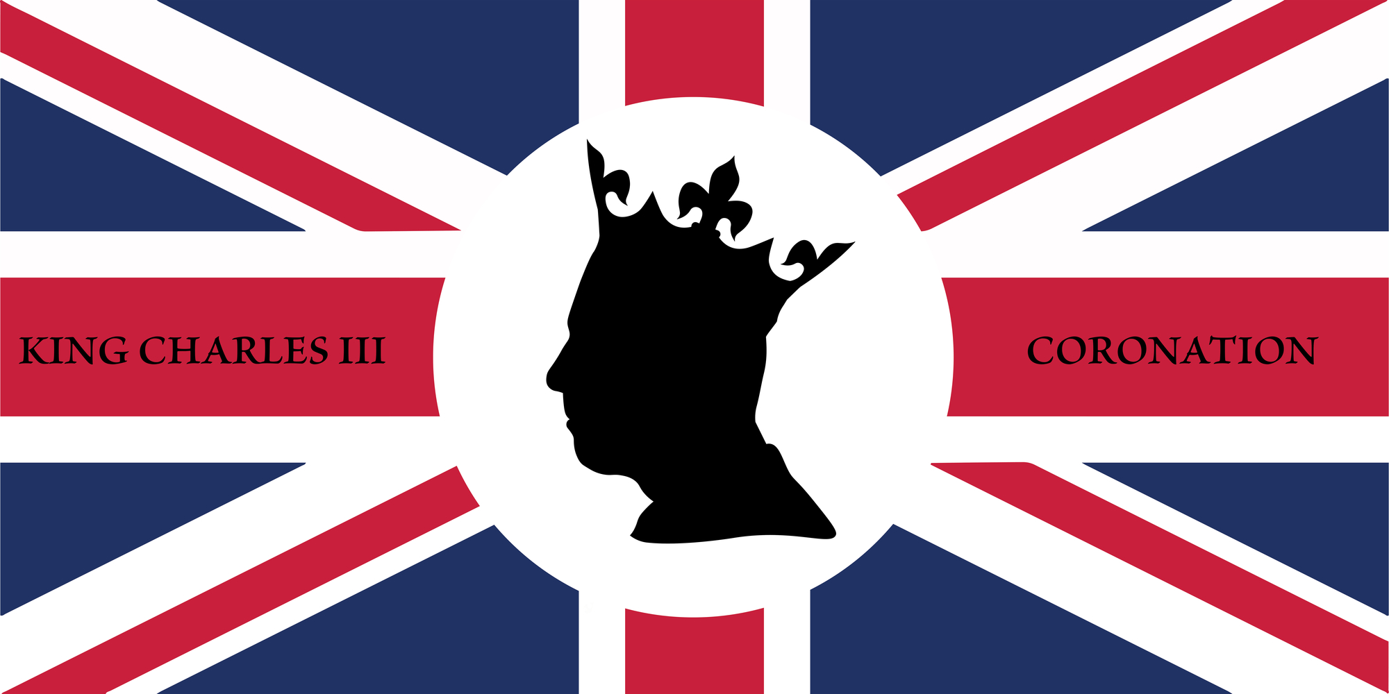 uk union jack flag with silhouette of king charles iii with text coronation of king charles iii