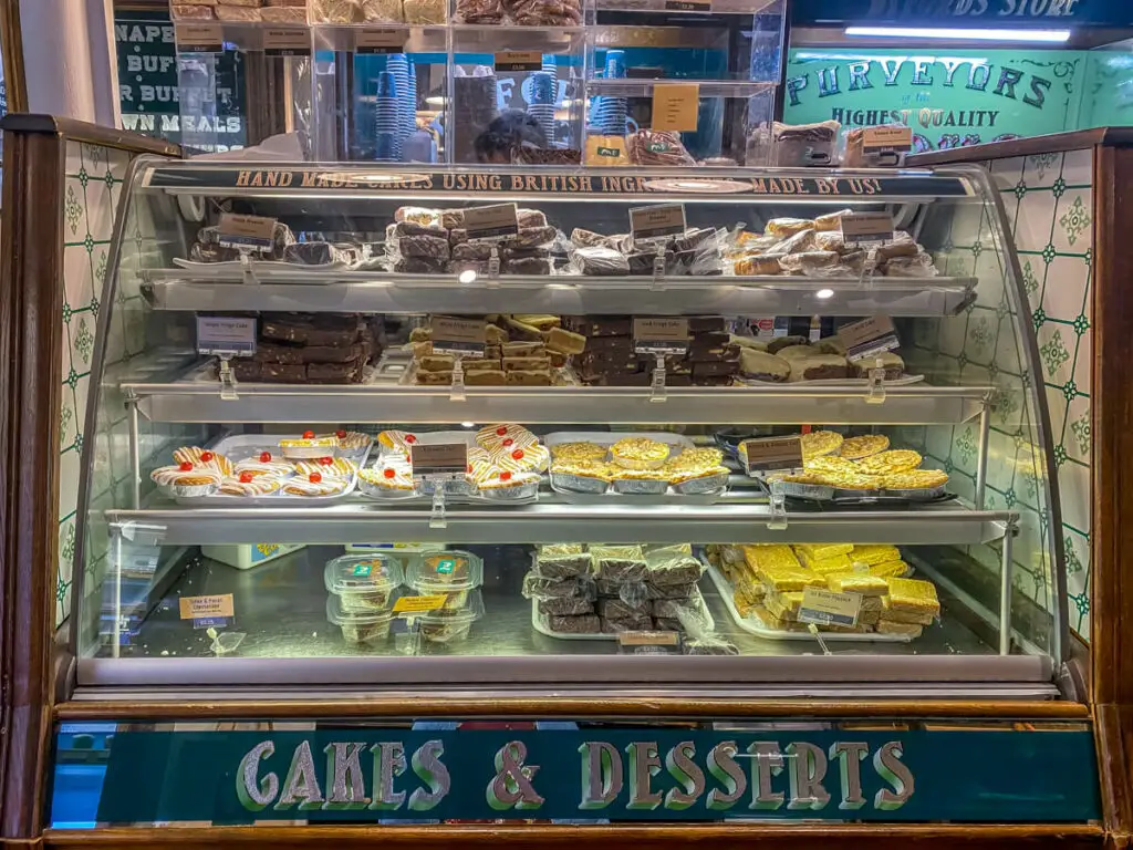 deli case at byfords with desserts