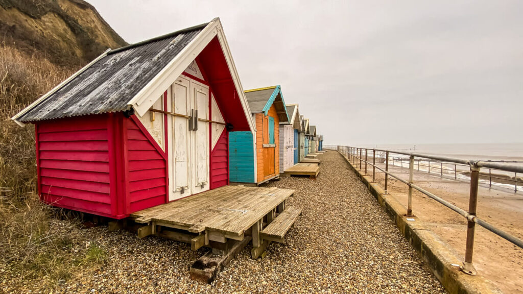 row of beach huts at Overstrand in Norfolk