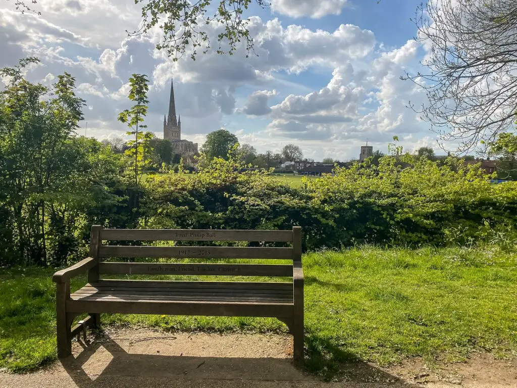 bench on the norwich riverside walk with a view of the cathedral in the background
