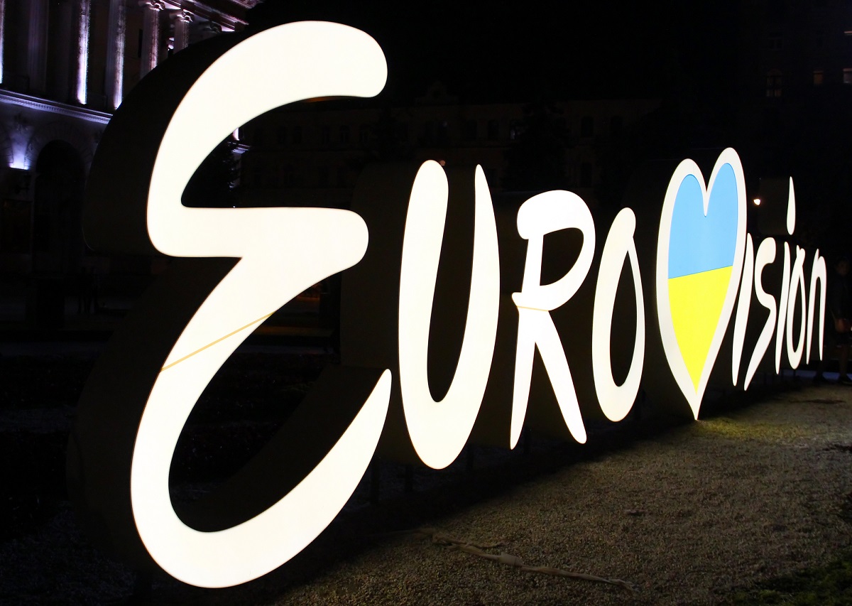 Eurovision sign with the Ukrainian colours in the "v"