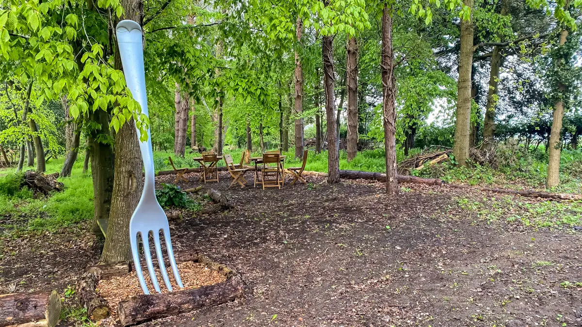 fork sculpture close to the snack shack at fairhaven water gardens