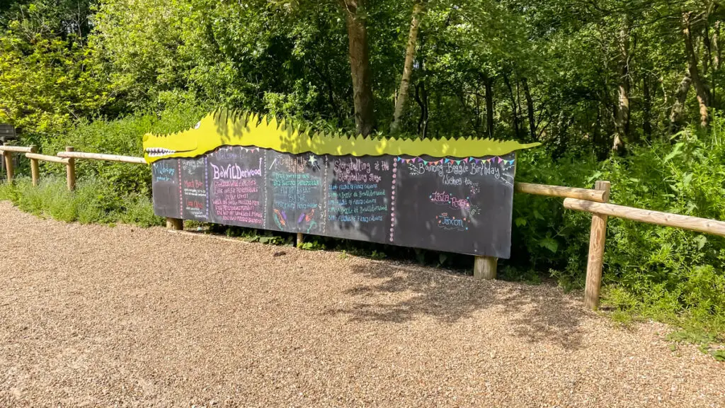 information board with all the important timings and details you need to know for your day at bewilderwood