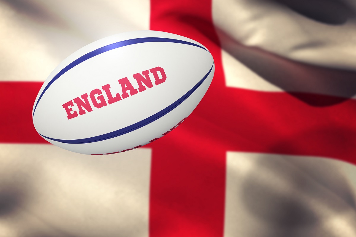 England flag with Rugby ball that has ENGLAND written on it