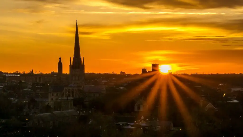 sunset from St. James Hill in Mousehold Heath with a view of the Norwich skyline