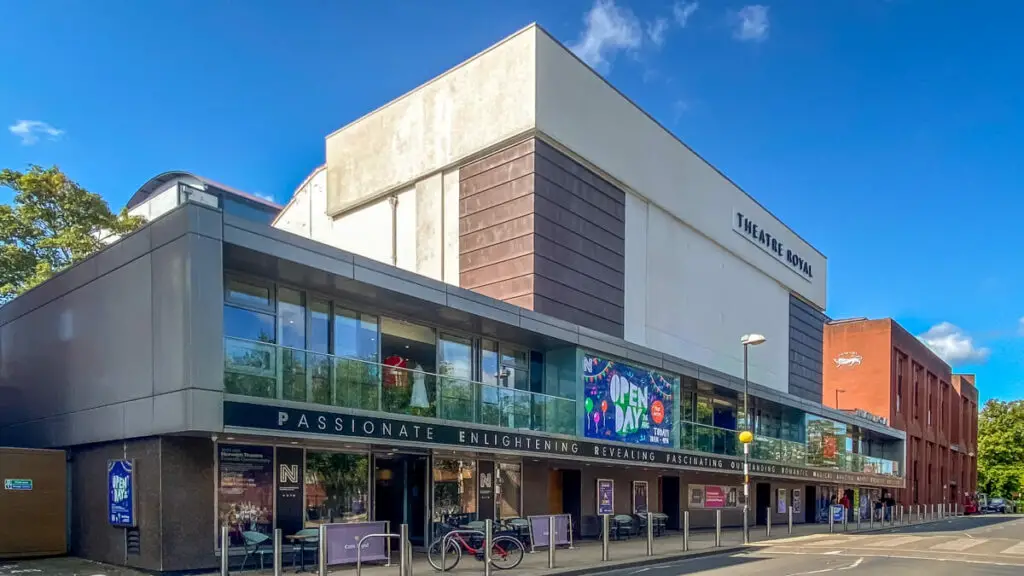 Norwich Theatre Royal building exterior with Open Day on their big screen