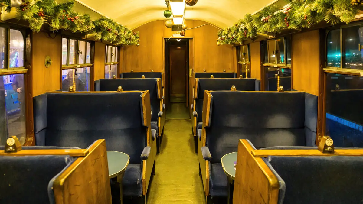 inside a carriage decorated for the Norfolk Lights Express