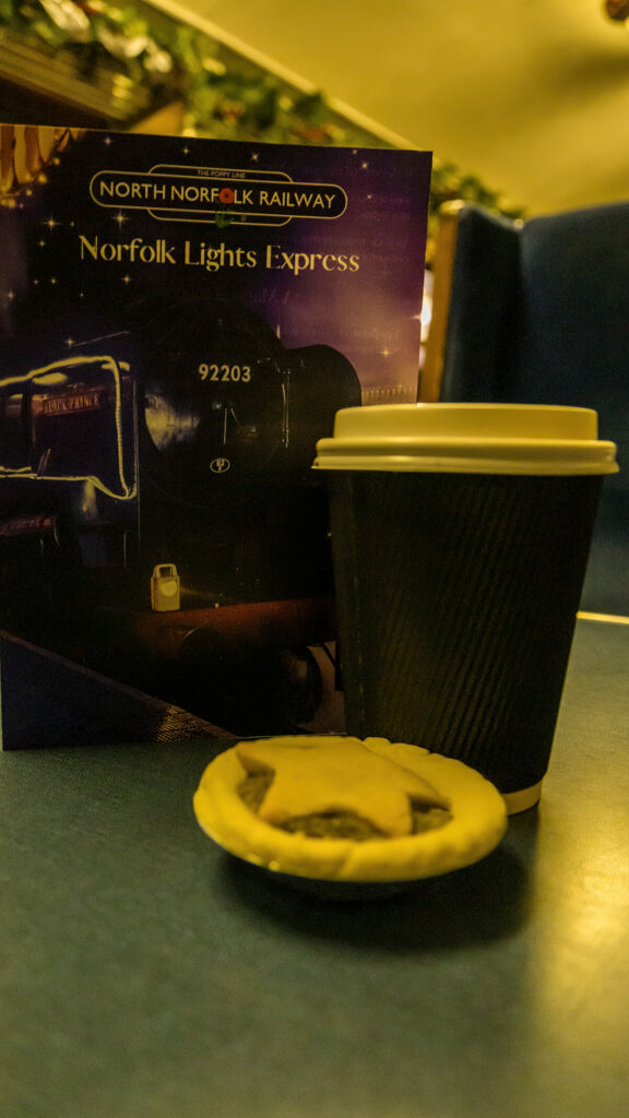 mince pie and hot chocolate on board the Norfolk Lights Express