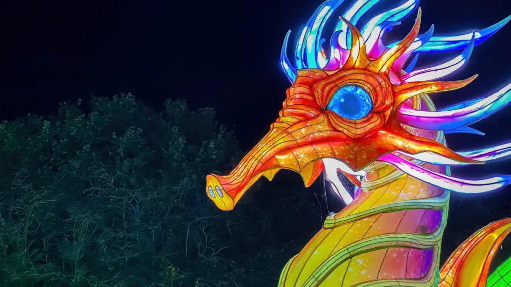 close up of seahorse's head from Thursford Enchanted Journey of Light