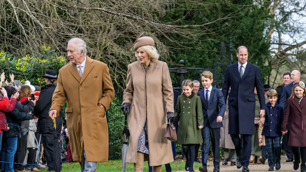 King Charles and Camila on the walk with the rest of the Royal Family behind them.