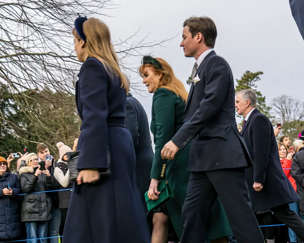 Princess Beatrice, her husband, and Fergie on the walk to church on Christmas Day