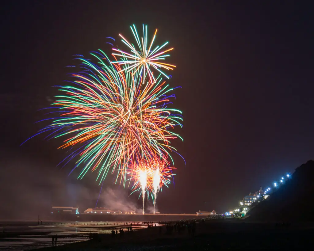 colourful fireworks over the pier in Cromer Norfolk on New Year's Day