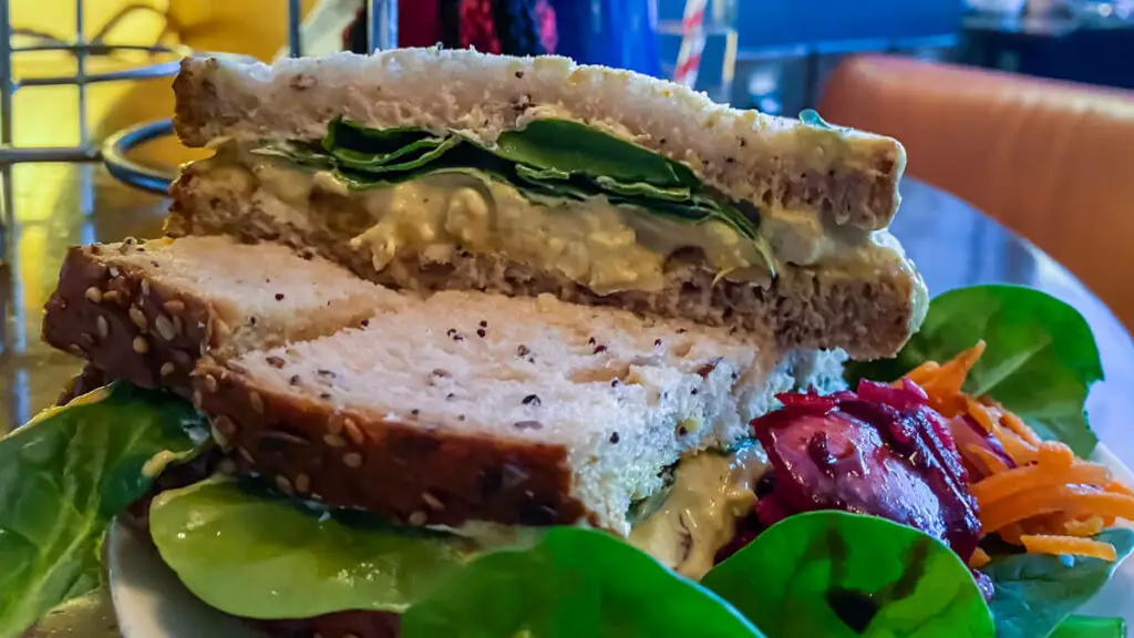 close up of the biddy's coronation chicken sandwich