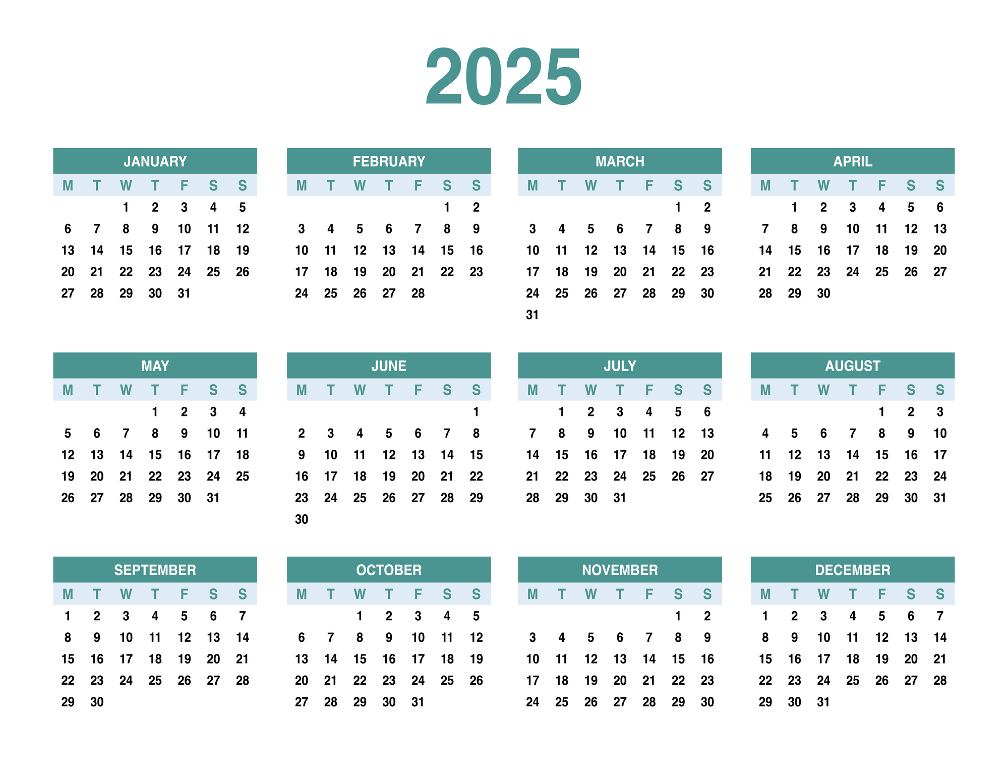 2025 calendar showing days and months